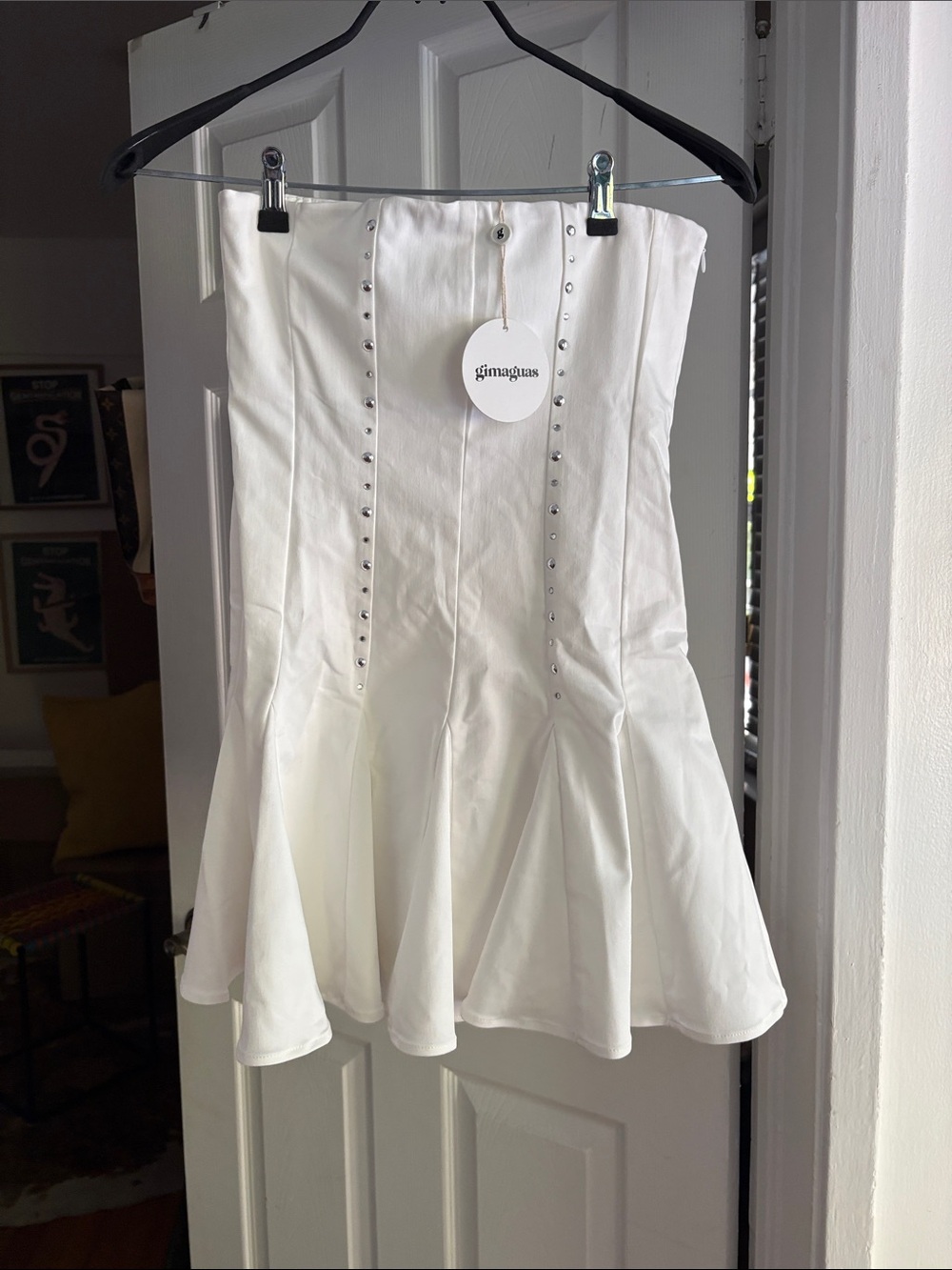 Gimaguas White Stud-Trim Flared Mini Skirt